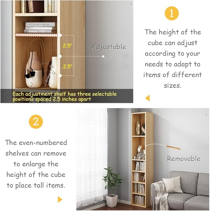 IOTXY Small Narrow Corner Bookcase - 47 Inches Tall Gap Freestanding Storage Cabinet, 4 Lattices Open Shelves Tower Rack with Door, Cubes Bookshelf in Oak