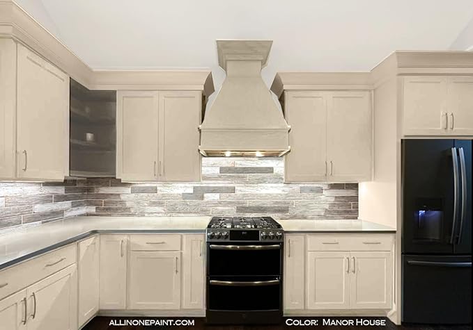 ALL-IN-ONE Paint, Durable cabinet and furniture paint. Built in primer and top coat, no sanding needed. Includes our 30 featured color card - Manor House (creamy off white), Gallon