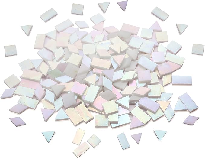 Lanyani Glass Mosaic Tiles for Art Crafts,4 Shapes Mixed Tiffany Stained Glass Pieces,200 Pieces,Square/Rectangle/Diamond/Triangle,Iridescent White