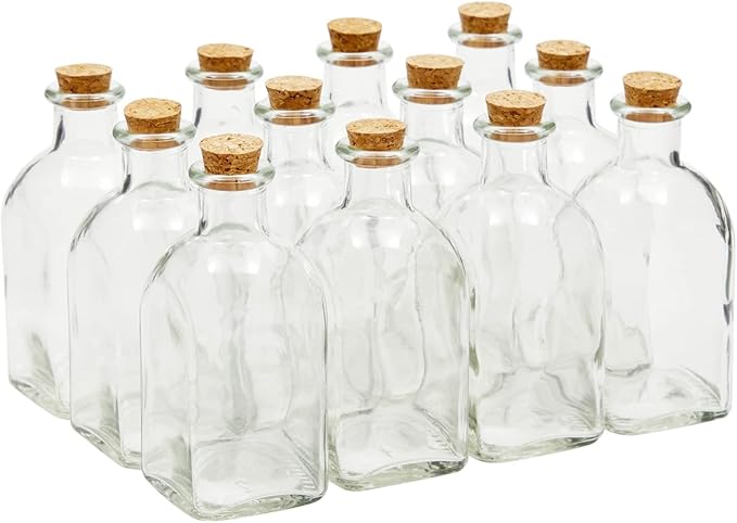 Juvale 12-Pack Mini Glass Bottles with Cork Lids - 4 oz Clear Vintage Square - Wedding Decor & Party Favors - Potion Bottles with Cork & Mini Glass Jars with Lids