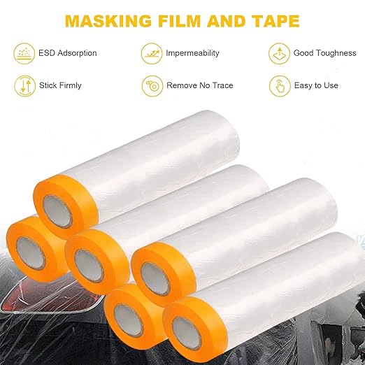 Painters Plastic with Tape, Pre-Taped Masking Film, Automotive Best Tape and Drape, Paint Adhesive Protective Film Roll for Covering Skirting, Frames, Cars and Auto Body (5 X 65-Feet) (1)