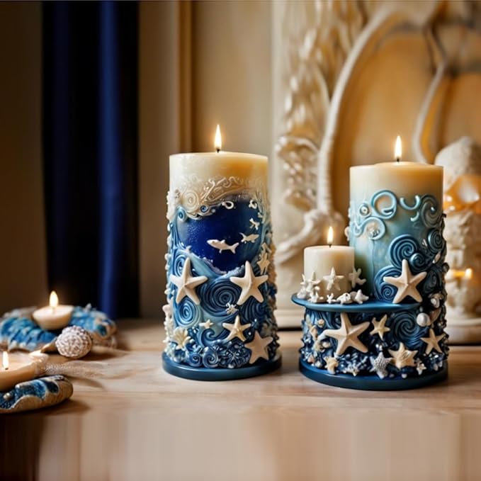 Starfish Shell Cylindrical Candle Mold, Marine Conch Silicone Mold, Wave Epoxy Resin Casting Mold, Chocolate Fudge, DIY Wax Soap, Candle Making Process Essential Materials D