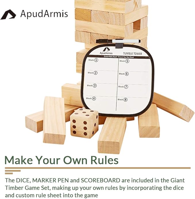 ApudArmis 60 PCS Tumble Tower, (Stack up to 5Ft) Pine Wooden Stacking Timber Game with 1 Dice Set - Classic Block Outdoor Game for Teens Adults Family