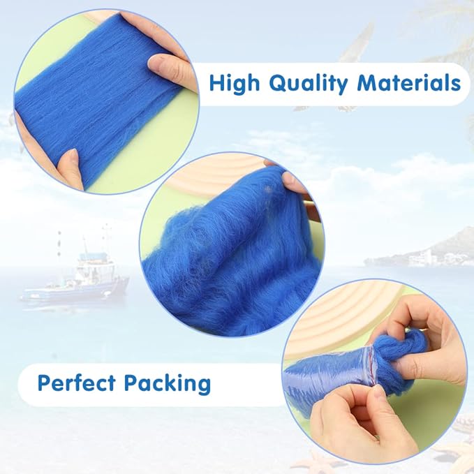 Wonvoc Needle Felting Wool 80 g, 8 Colors Nature Wool Roving, Felting Wool Bulk, Wool Roving for Needle Felting, for DIY Craft Materials and Felting Wool Craftsmen, 10g/Color, Blue