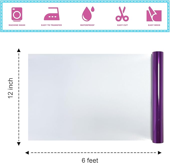 Metallic Purple Foil Heat Transfer Vinyl 12Inch*6FT Bundle Chrome HTV Pack in Vibrant Colors for Stunning T-Shirt Designs! Perfect for DIY Heat Transfer Vinyl (Purple, 12Inch*6Ft)