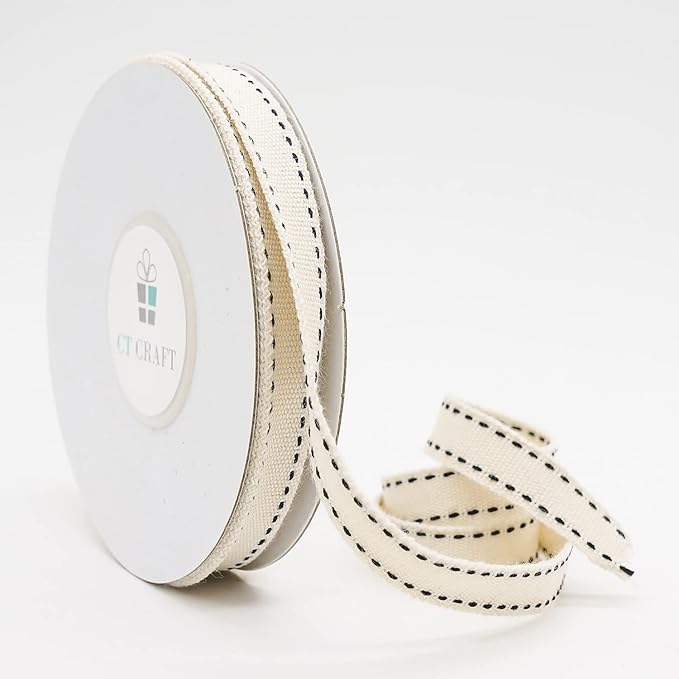 CT CRAFT LLC Ivory Cotton Black Stitched Ribbon 3/8" x 10 Yards for Home Décor Gift Present Wrapping DIY Crafts Birthday Wedding Bouquet Christmas
