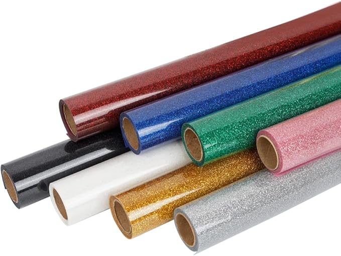 FUNKAKA Glitter Heat Transfer HTV Vinyl Bundle, 8 Rolls 12" x 5ft Iron On Vinyl for T-Shirt 8 Assorted Colors Glitter HTV Vinyl for All Cutter Machines Easy to Cut