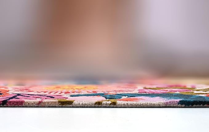 Handmade Wool Floral Area Rug for Living Room | Elegant Flower Garden Design, Soft, Thick and Durable | Bedroom, Dining Room & Home Decor Carpet (5' Round, Floral E)