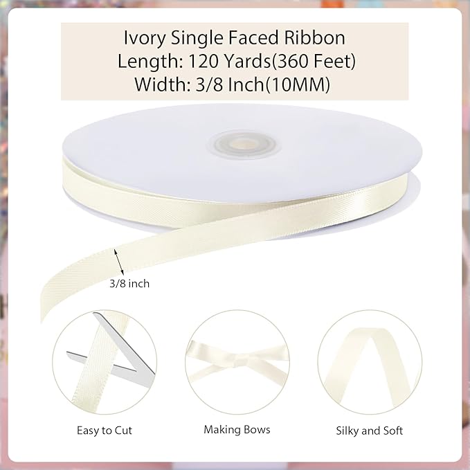 120 Yards Cream Ribbon 3/8 Inch Ivory Satin Ribbon Thin Ribbons for Gift Wrapping Cake Wedding Invitation Bride Bracelet Hair Bows Christmas Crafts Gift Bags Balloons String