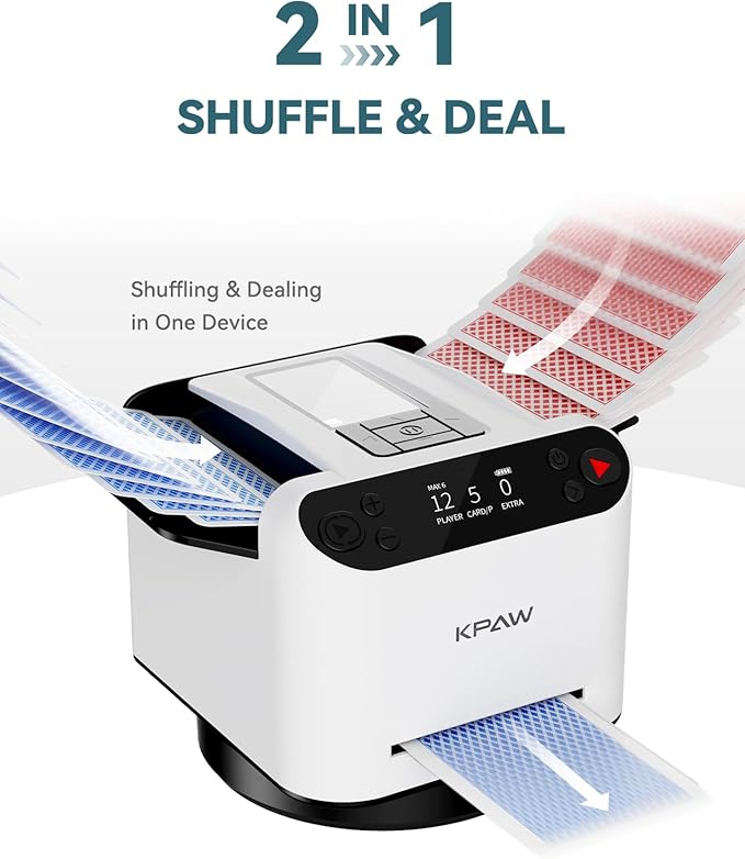 Automatic Card Shuffler and Dealer - 1-2 Decks Support 12 Players, 4 Drawing Remotes, Auto Post-Shuffle Deal, Consecutive/Random Dealing, for Poker, Blackjack, UNO, Phase 10, Five Crowns (White1)