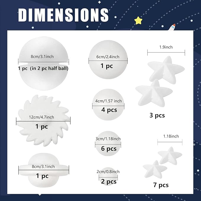 Pllieay 63PCS Solar System Foam Ball Kit Includes Color Pigments, Palette, Mixed Sized Polystyrene Spheres Balls, Toothpick Flag, Painting Brushes, Bamboo Sticks for School Science Projects
