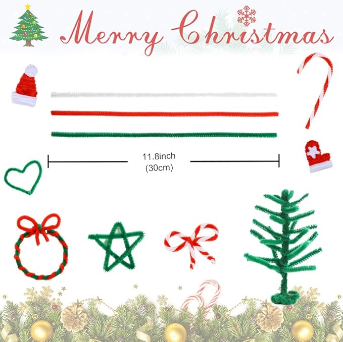 Caydo 300 Pieces 12 inch Christmas Pipe Cleaners for Christmas DIY, Creative Crafts Decorations (Red, Green, White)