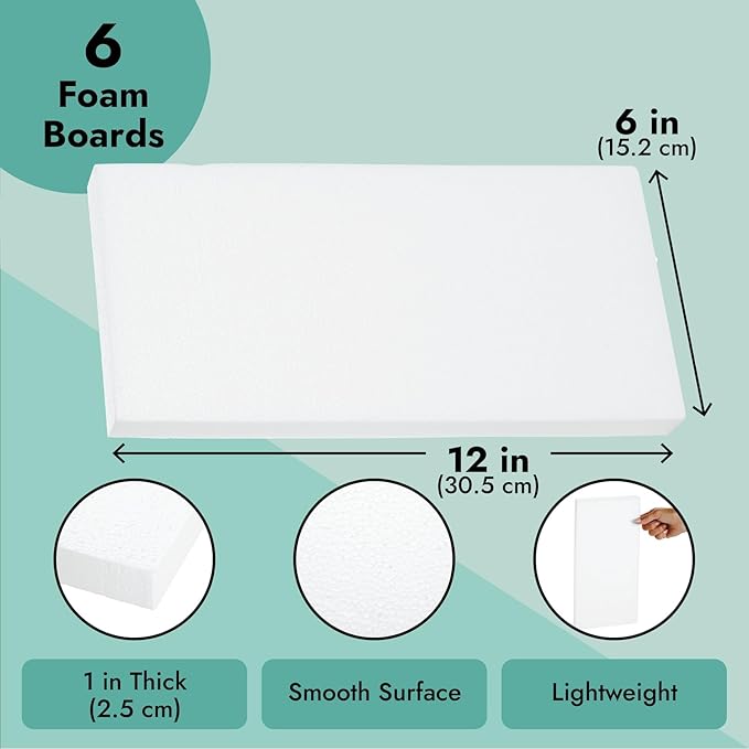 Juvale Craft Foam Blocks - 6-Pack, 12 x 6 x 1 in, White - Flat Foam for Flowers - DIY Floral Arrangement