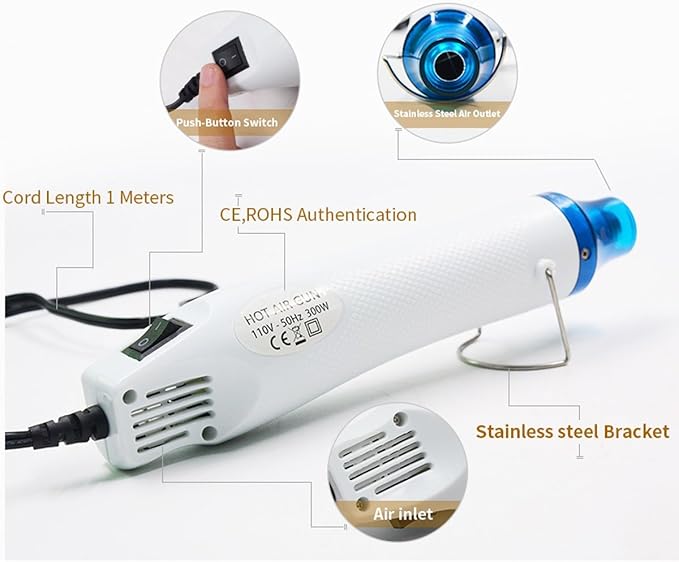 mofa Temp Regulation Heat gun,6.6ft Cable 300W Hot Air Gun for Crafting,Acrylic Paint Dryer Multi-Purpose Electric Heating Nozzle(White,Blue)