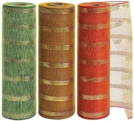 TONIFUL 10 Inch 3 Rolls Orange/Green/Gold Thanksgiving Decorative Mesh Ribbons, Fabric Mesh with Foil for Tree Home Front Door Wreaths Decorations Party Supplies（3 Colors, 10yards/ roll）