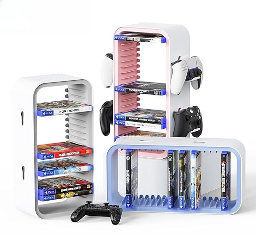 Wigmoa OYO-1 15.8INCH Game Storage Tower - PS5/Xbox Series/Switch Compatible, 18 Disc Organizer with 4 Controller Holder, Red/White