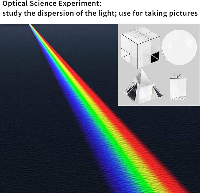 Prism Set, 4 Pack K9 Optical Crystal Photography Prism Set, Include 55mm Crystal Ball, 50mm Crystal Cube, 50mm Triangular Prism, 60mm Optical Pyramid, Gift Box for Teaching, Science, Photography, Play