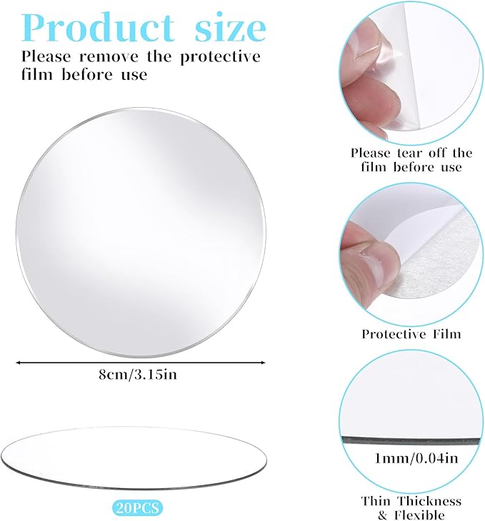 20pcs Mini Acrylic Mirror Tiles Round Mirror Stickers 3in Self Adhesive Small Round Mirror Small Circle Mirror DIY Crafts Small Decorative Mosaic Mirror Sheets for Walls
