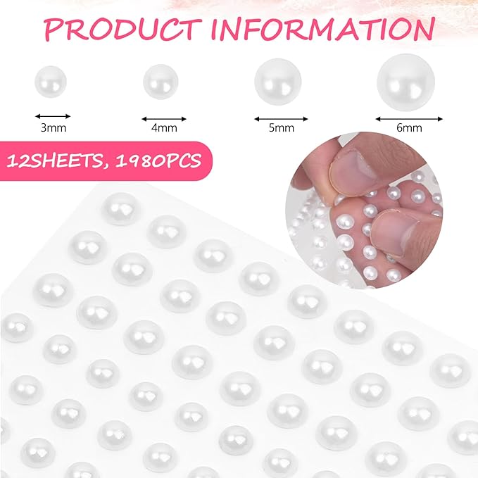 Buylorco 2000+pcs 12 Sheets Self Adhesive Pearl Stickers for Hair, Face, Makeup, Eye, Nail, Crafts, 3mm, 4mm, 5mm, 6mm (White)