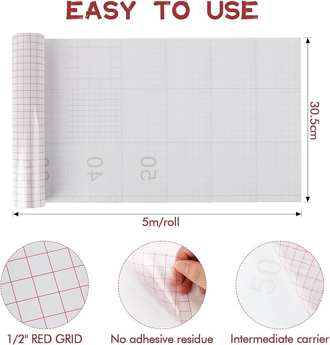 MAQIHAN Transfer Tape for Vinyl - 12 in x 16.4 FT Premium Vinyl Transfer Paper with Red Grid Application Low Tack Tape for Signs, Stickers, Decals, Letters