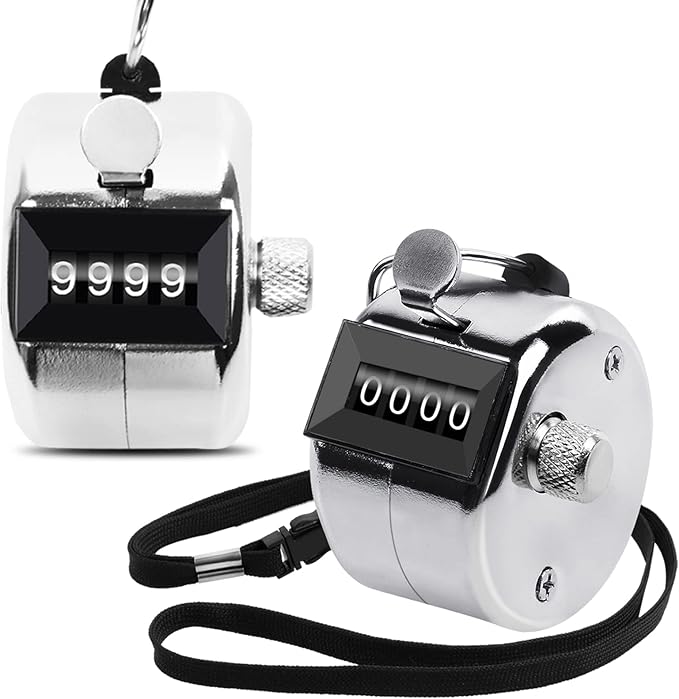 2 Pack Metal Hand Counter Four-Digit Counter with Nylon Lanyard Silver Counter Click Counter Handheld Click Counter Digital Counting