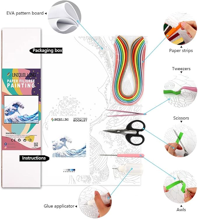 Uniquilling Quilling Kit Paper Quilling Kit for Adults Beginner, Handmade DIY Craft Quilling Paper Filigree Painting Kit Tools, Room Wall Art Decor Gifts, 16 * 20-inch Great Wave Off Kanagawa (Basic)