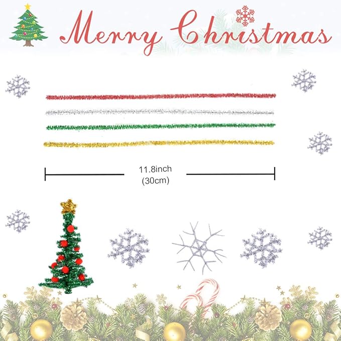 Caydo 300 Pieces Christmas Pipe Cleaners Glitter Chenille Stems for DIY Craft Christmas Decoration (Red, Green, Gold, Silver)
