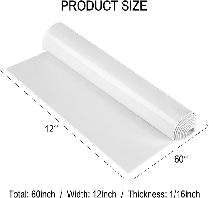 Neoprene Sponge Rubber Foam Sheets with Adhesive Backing, 12" x 60" x 1/16" White Foam Roll Insulation Board Soundproof Neoprene Mat, Great for Cosplay Padding, DIY, Gaskets, Costume, Crafts
