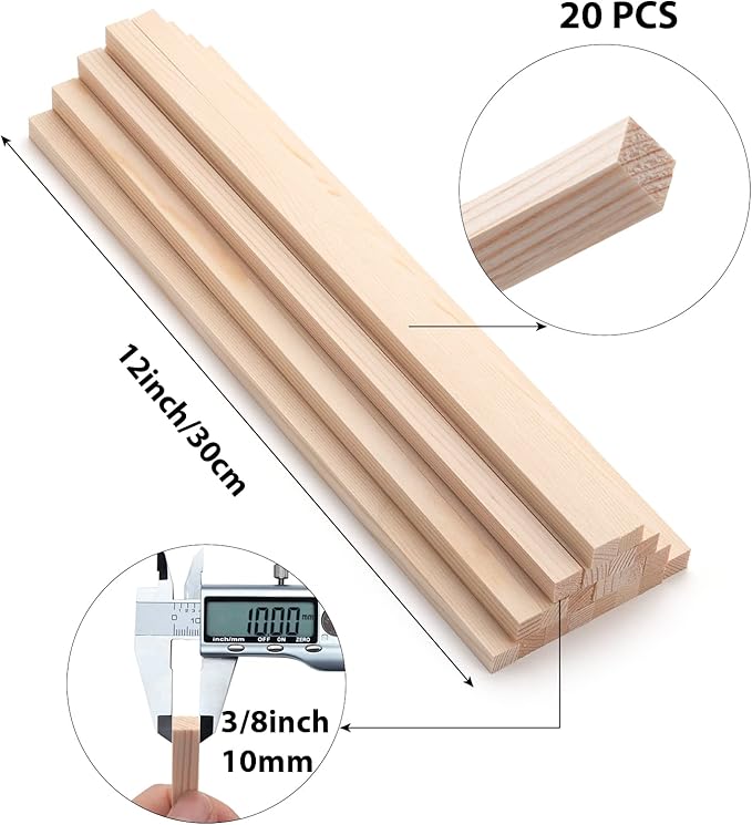 Square Wood Dowel Rods Wooden Craft Sticks, 20PCS 3/8" x 12" Wooden Square Dowel Rods for Crafting, Unfinished Hardwood Sticks Wood Pieces for Arts and DIYers, DIY Projects, Home Decor, Woodworking