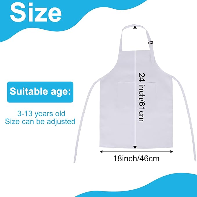 24 Pack Kids Apron bulk with 2 Pockets Adjustable Chef Art Apron Kids Painting Aprons for Cooking Baking Painting Crafting Grilling Activity（White）