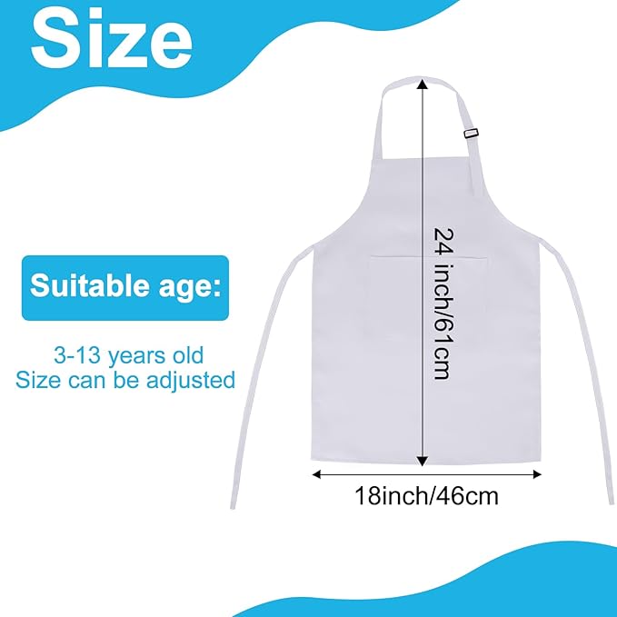 36 Pack Kids Apron bulk with 2 Pockets Adjustable Chef Art Apron Kids Painting Aprons for Cooking Baking Painting Crafting Grilling Activity（White）