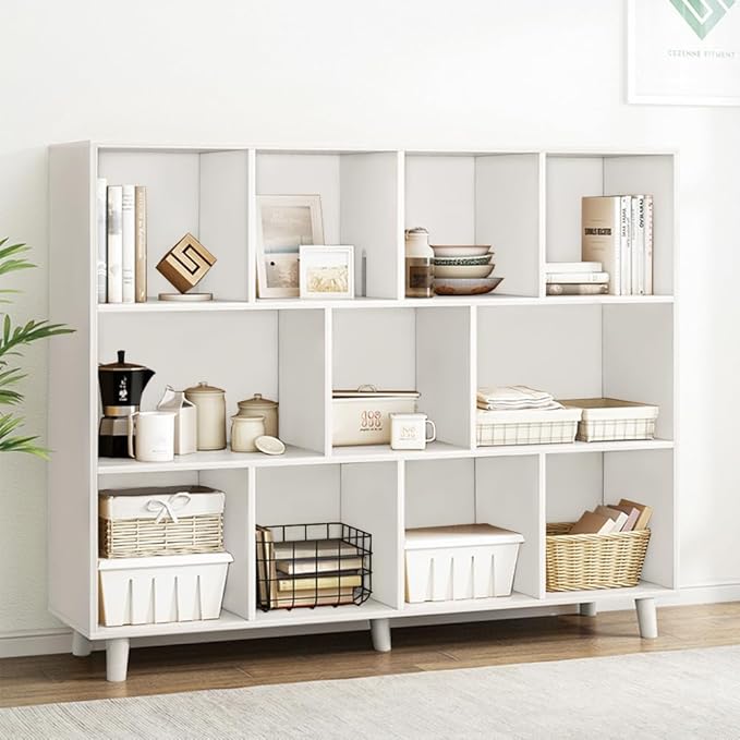 IOTXY Open Cube Low Bookcase - 3-Tier Freestanding Storage Display Cabinet Organizer with Legs for Home Office, 11-Cubes Open Shelf Short Bookshelf, White