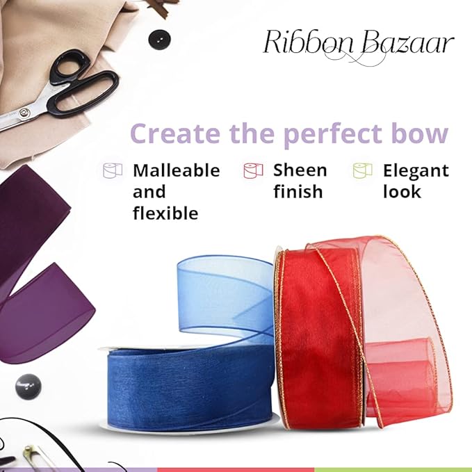 Ribbon Bazaar Sheer Organza Wired Ribbon - 100% Polyester Wire Edged Ribbon for Floral Decor, Table Arrangements, Apparel Embellishment & More - 1-1/2" Apple Green 25yd