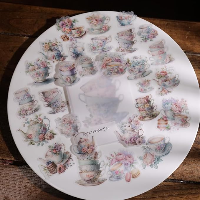 Vintage Vellum Stickers Floral Plants Elements Scrapbooking Supplies Flowers Botanic Natural Translucent Paper Self-Adhesive Junk-Journal Items (Tea Cup)