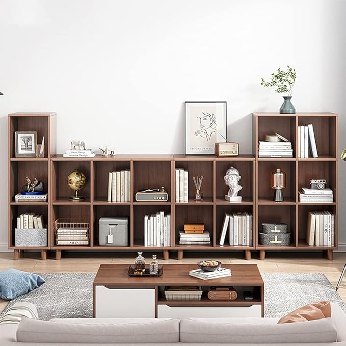 IOTXY Freestanding Open Cubes Bookcase - 2-Tier Floor Standing Wooden Storage Display Cabinet Organizer with Legs for Home Office, 4-Cubes Open Shelf Low Short Bookshelf, Walnut