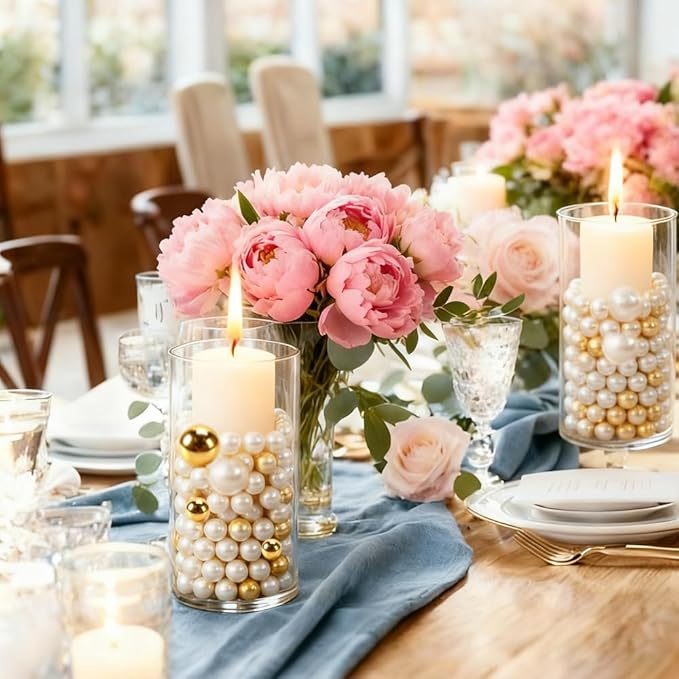 Pearl Beads No Hole Pearls for Crafting 180 Pcs Fake Pearls Faux Pearls for DIY Crafts Jewelry Making Vase Filler Floating Candle Wedding Birthday Party Home Decorations (Gold & Ivory, 8/10/14/20mm)
