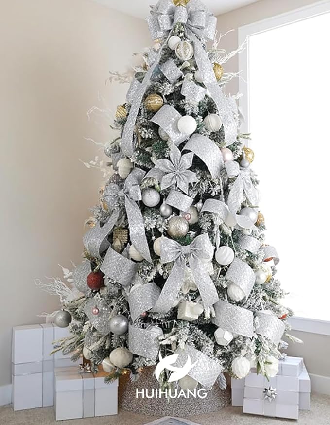 HUIHUANG Silver Christmas Ribbon 4 inch Silver Glitter Wired Ribbon Diamond Mesh Wire Ribbon for X-mas Tree Decorations, Wreaths, Garland, Large Bows Making, Home Decor -10 Yards