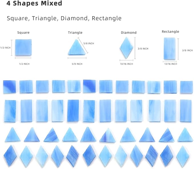 Lanyani 200pcs Glass Mosaic Tiles - Mixed Colorful Shapes: Square, Rectangle, Diamond, Triangle - Ocean Blue