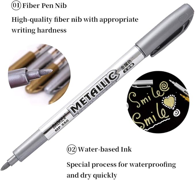 MYARTOOL Metallic Marker Pens, Silver Metallic Permanent Markers for Artist Illustration, Crafts, Gift Card Making, Scrapbooking, Fabric, DIY Photo Album, Value Set of 8