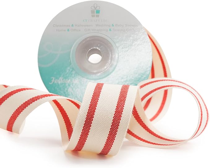 CT CRAFT LLC Ivory Cotton Red Stripes Ribbon 1" x 10 Yards for Home Décor Gift Present Wrapping DIY Crafts Birthday Wedding Bouquet Christmas