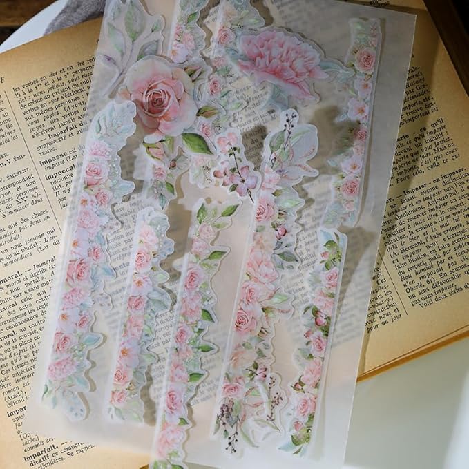 Vintage Vellum Stickers Floral Plants Elements Scrapbooking Supplies Flowers Botanic Natural Translucent Paper Self-Adhesive Junk-Journal Items (Rose)