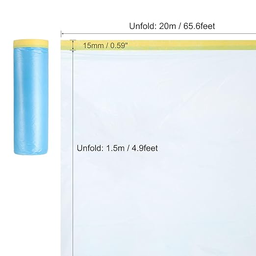 uxcell Pre-Taped Masking Film, 4.9ft x 66ft Plastic Paint Drop Cloth with Medium-Tack Painters Tape for Painting Spraying Protection Blue Film 3Pcs