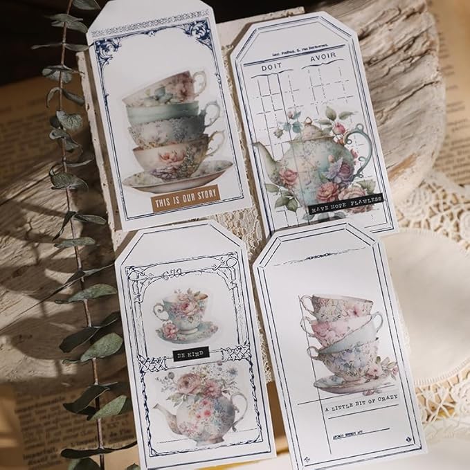 Vintage Vellum Stickers Floral Plants Elements Scrapbooking Supplies Flowers Botanic Natural Translucent Paper Self-Adhesive Junk-Journal Items (Tea Cup)