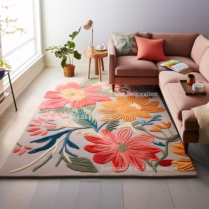 Handmade Wool Floral Area Rug for Living Room | Elegant Flower Garden Design, Soft, Thick and Durable | Bedroom, Dining Room & Home Decor Carpet (6' Round, Floral A)