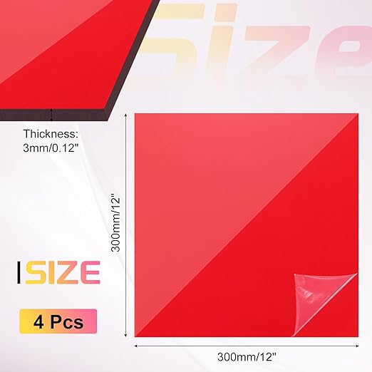 uxcell 4Pcs Acrylic Sheets 12x12 Inch Acrylic Panel 1/8 Inch-3mm Plastic Board for Picture Frames Sign Holders DIY Display Projects Craft, Clear Red