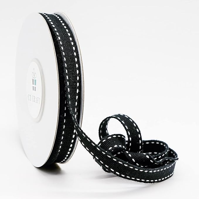 CT CRAFT LLC Black Cotton White Stitched Ribbon 3/8" x 10 Yards for Home Décor Gift Present Wrapping DIY Crafts Birthday Wedding Bouquet Christmas