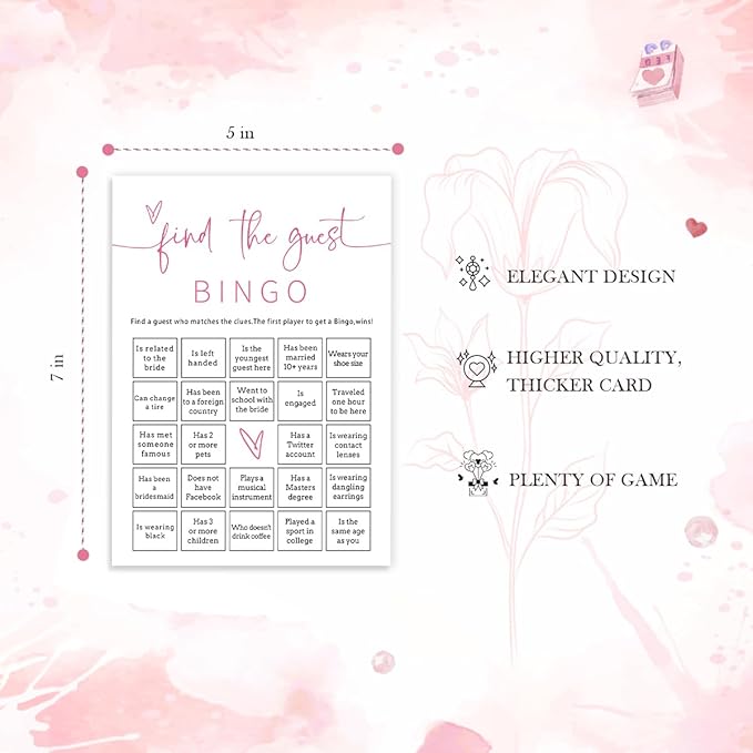 Bridal Shower Bingo, 25Pcs Prefilled Find The Guest Bingo Game Cards, Engagement Party Games for Guests, Pink Wedding Party Supplies - E17