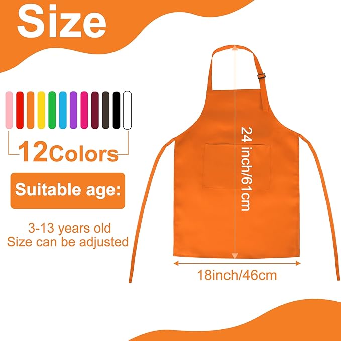 24 Pack Kids Apron bulk with 2 Pockets Adjustable Chef Art Apron Kids Painting Aprons for Cooking Baking Painting Crafting Grilling Activity（12 Color）