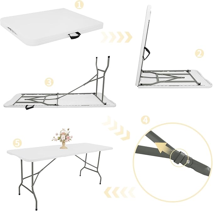 Set of 2 Folding Table 5 FT Camping Table Portable Heavy Duty Plastic Rectangular Outdoor Dining Table Steel Legs Fold-in-Half with Carrying Handle for Indoor,Picnic,Party,Wedding,Events(White)