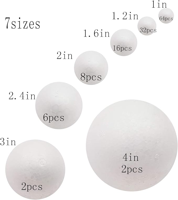 129 Pack Craft Foam Balls, 7 Sizes Including 1-4 Inches, White Polystyrene Smooth Round Balls, Foam Balls for Arts and Crafts, DIY Craft for Home, Supplies School Craft Project and Holiday Party